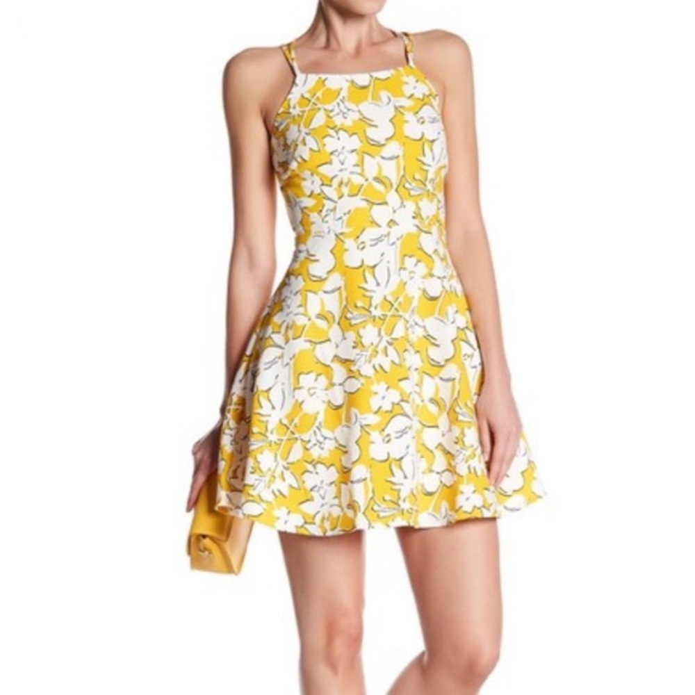 19 Cooper Yellow Floral Print Fit and Flare A Line Summer Mini Dress, NWOT, XS